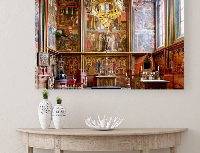 Grand church interior with vibrant frescoes and golden chandelie by Marco Brivio