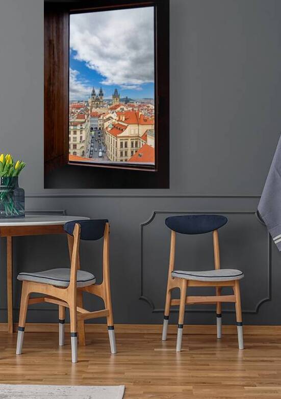 Prague cityscape from window Tyn Church red roofs. by Marco Brivio