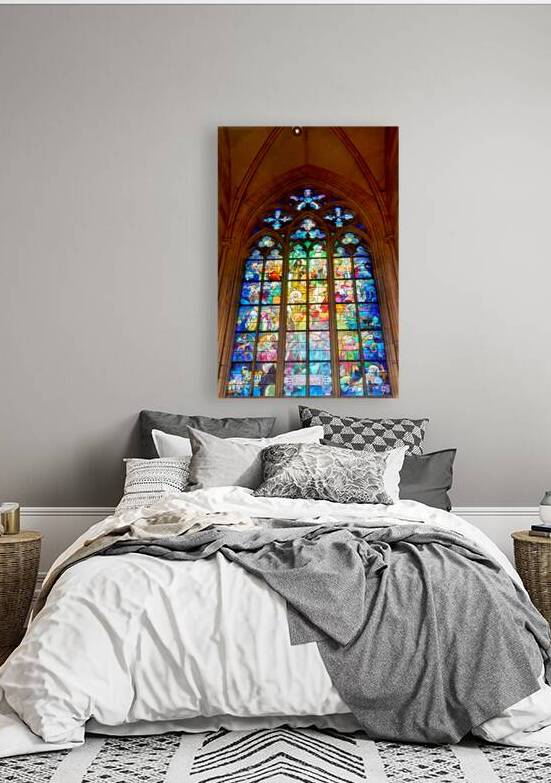 Vibrant stained glass window depicting religious figures and sce by Marco Brivio