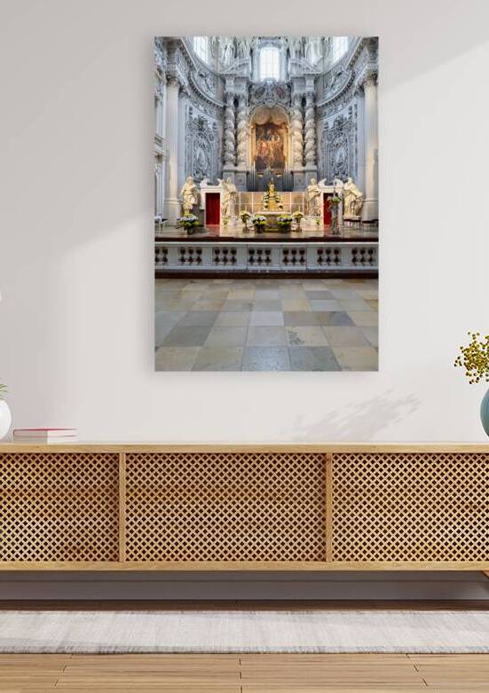 Interior view of Theatinerkirche in Munich with altar and sculpt by Marco Brivio