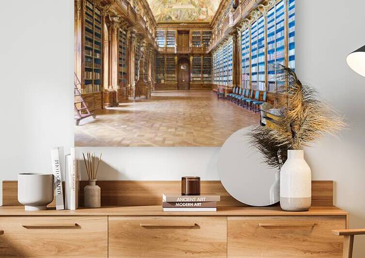 Magnificent baroque library filled with books and ceiling fresco by Marco Brivio