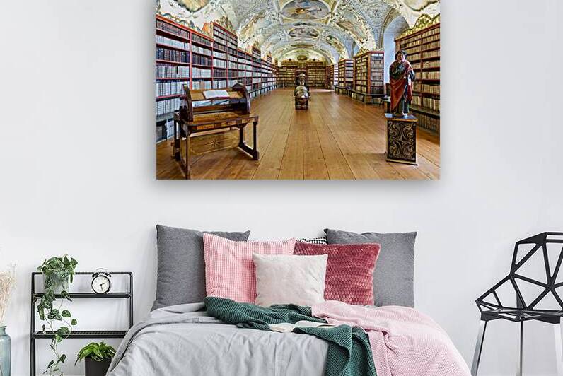 Vast ornate library with countless books painted ceiling and  by Marco Brivio