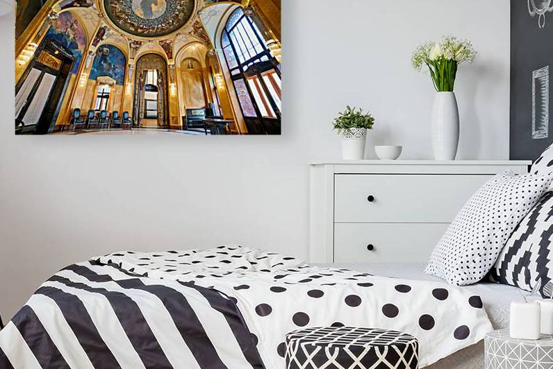 Grand hall with elaborate murals dome and stained glass. by Marco Brivio