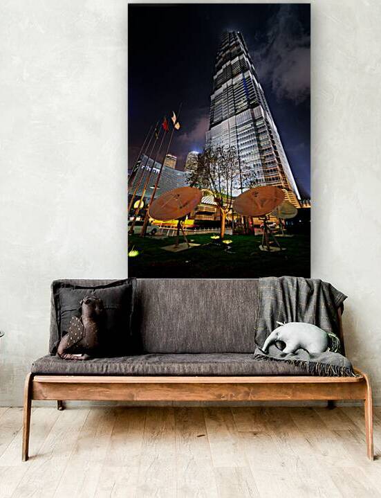 Modern skyscraper with satellite dishes at night in Shanghai Chi by Marco Brivio