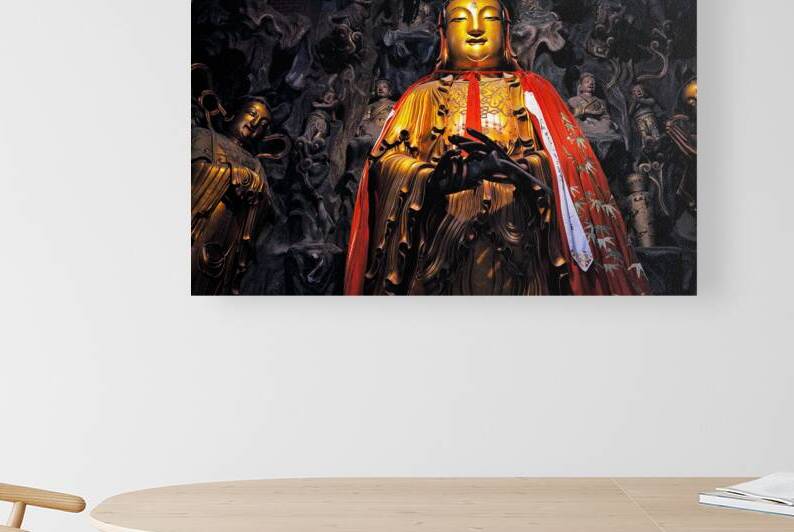 Golden Buddha statue stands tall in Shanghai with dark carvings by Marco Brivio