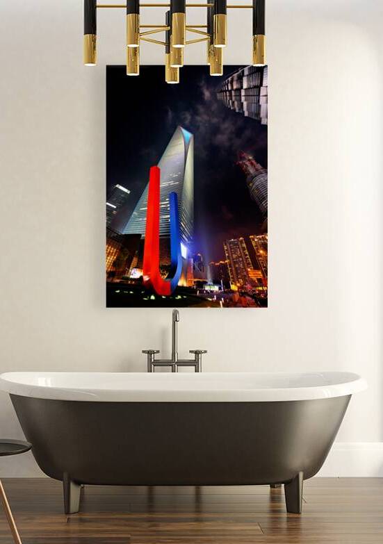 Luminous Shanghai skyscrapers and abstract sculpture at night by Marco Brivio