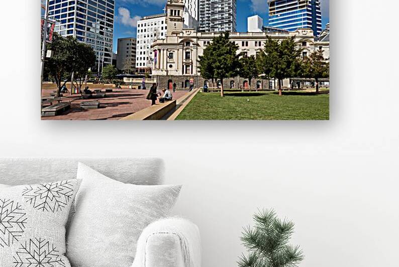 Town hall in Aotea Square surrounded by city buildings in Auckla by Marco Brivio