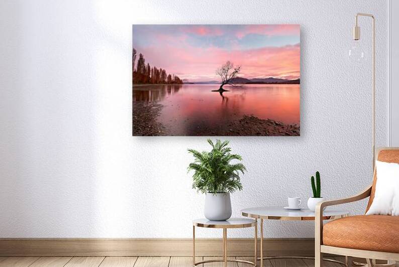 Tree at Lake Wanaka during sunset under colorful sky by Marco Brivio