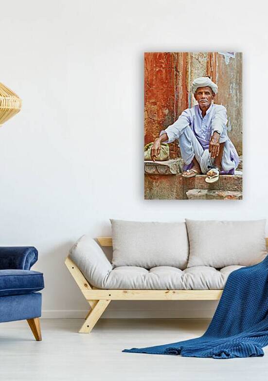 Portrait of a man with white turban sitting in Jaipur India by Marco Brivio