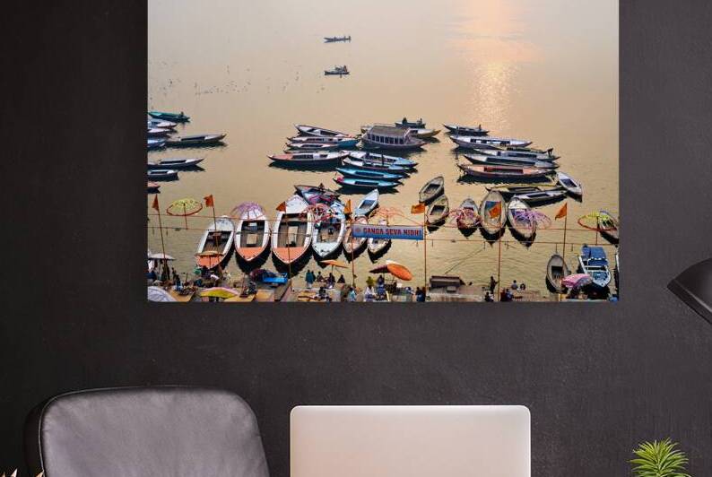 Sunrise at Ganges River in Varanasi with boats and activities by Marco Brivio