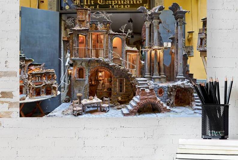 A nativity scene is displayed in a workshop in Naples by Marco Brivio