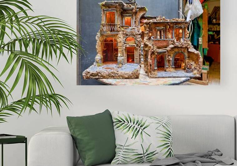 Hand crafted nativity scene displayed in Naples artisan workshop by Marco Brivio