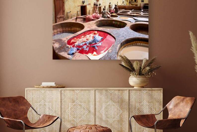 Workers dyeing leather at Chouara Tannery in Fez Morocco by Marco Brivio