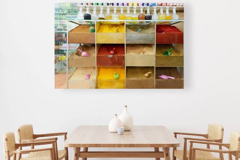 Colorful cosmetics powder displayed in Marrakesh perfumery stall by Marco Brivio