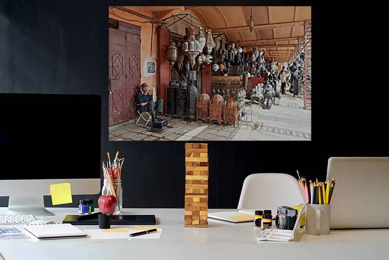 Brass chandeliers and metal lanterns shop in Marrakesh Medina by Marco Brivio