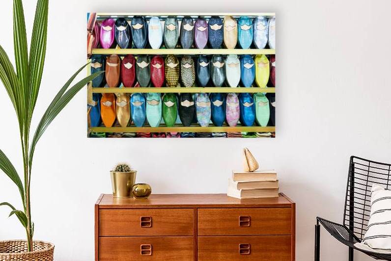 Traditional moroccan slippers displayed in marrakesh shop by Marco Brivio