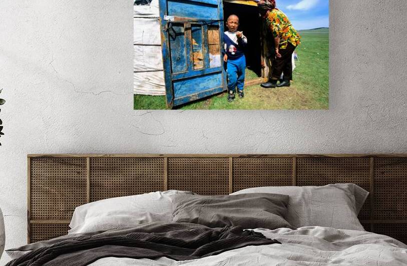 Ger tent in Mongolia with child and elder outside by Marco Brivio