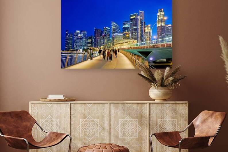 City skyline and people walking at sunset near Marina Bay by Marco Brivio