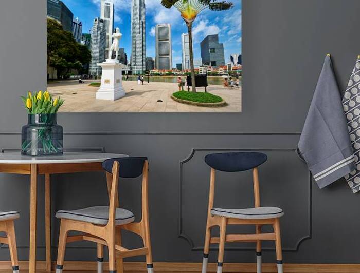 Visitors gather at Raffles landing site with city skyline in Sin by Marco Brivio