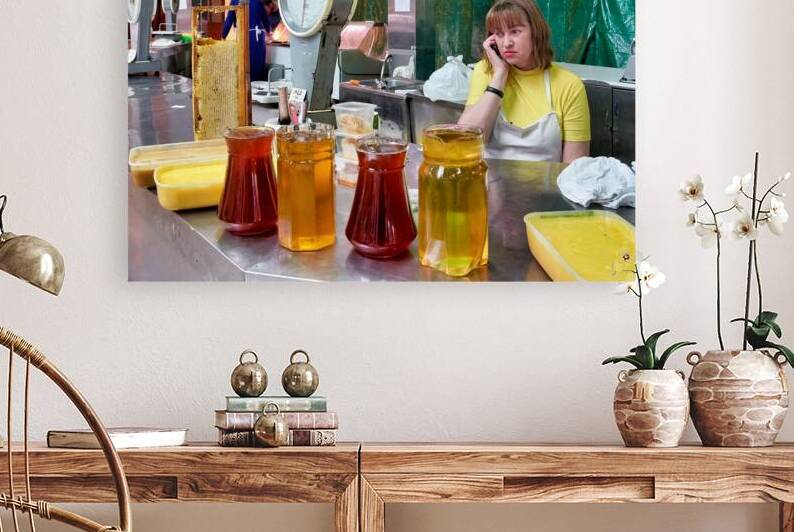 Market scene in Saint Petersburg with honey and vendor by Marco Brivio