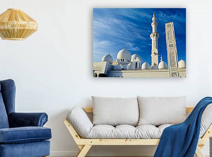 Grand mosque in Abu Dhabi with tall minarets and domes by Marco Brivio