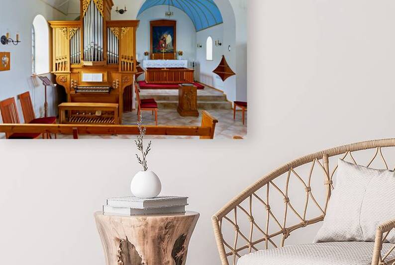 Wooden church interior with organ in Vik i Myrdal Iceland by Marco Brivio