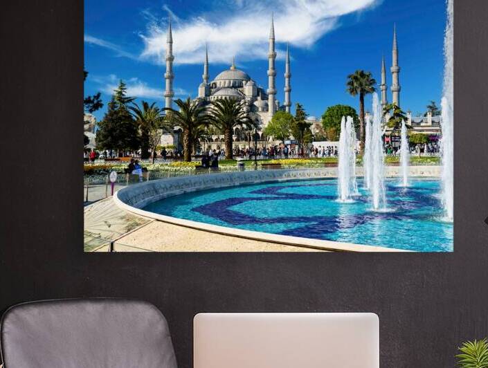 Blue Mosque in Istanbul Turkey with fountains and gardens by Marco Brivio