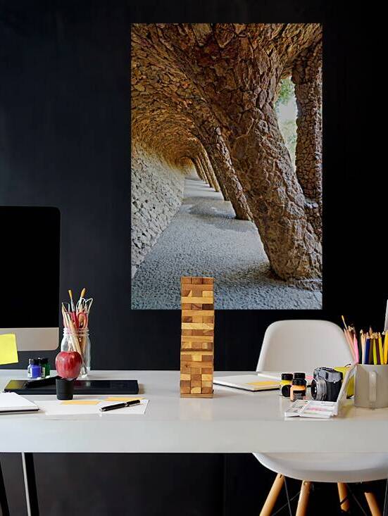 Walking through the colonnaded pathway in Park Guell Barcelona by Marco Brivio