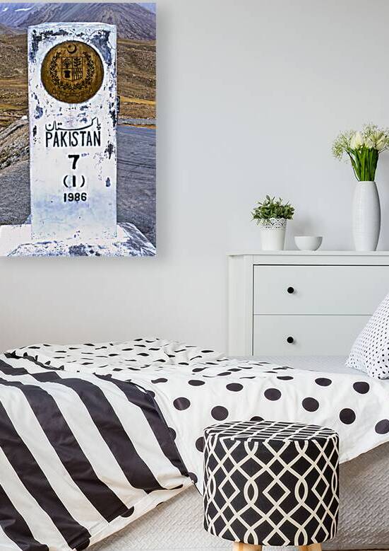 Distance marker showing 7 kilometers to Pakistan on road in 1986 by Marco Brivio