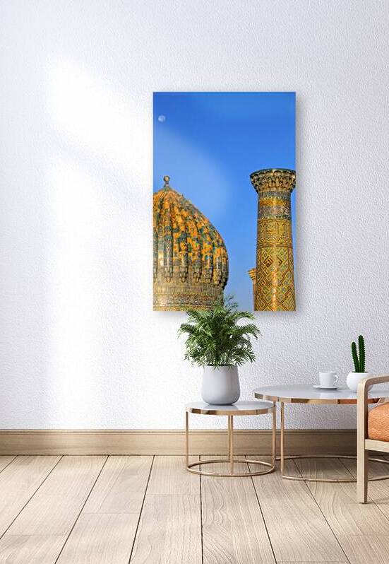 Madrasa in Samarkand shows dome and column under the moon by Marco Brivio