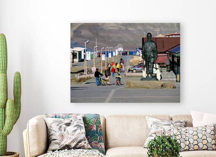 Streets of Longyearbyen with people and a statue by Marco Brivio