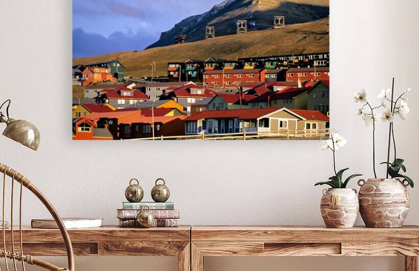 Colorful buildings in Longyearbyen Svalbard at sunset by Marco Brivio