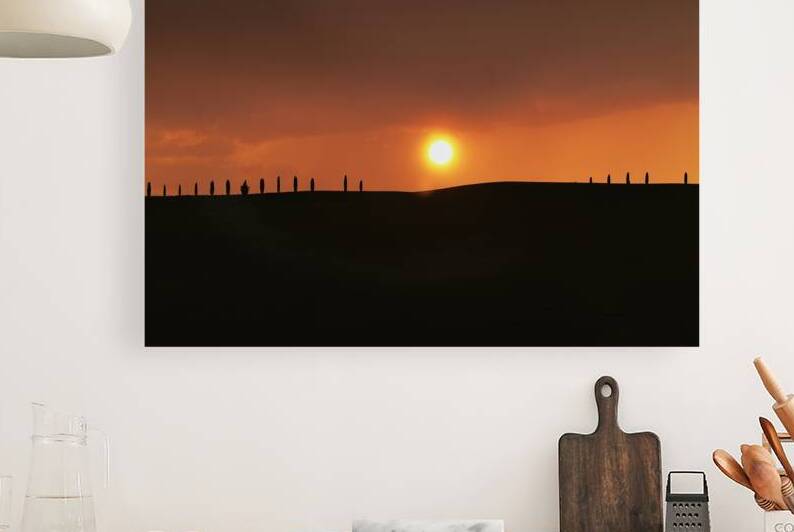 Sunset over cypress trees in Val dOrcia Tuscany Italy by Marco Brivio