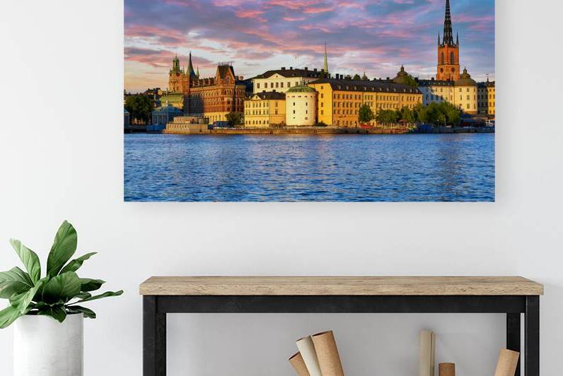 Sunset view of Riddarholm Church and the old town in Stockholm by Marco Brivio