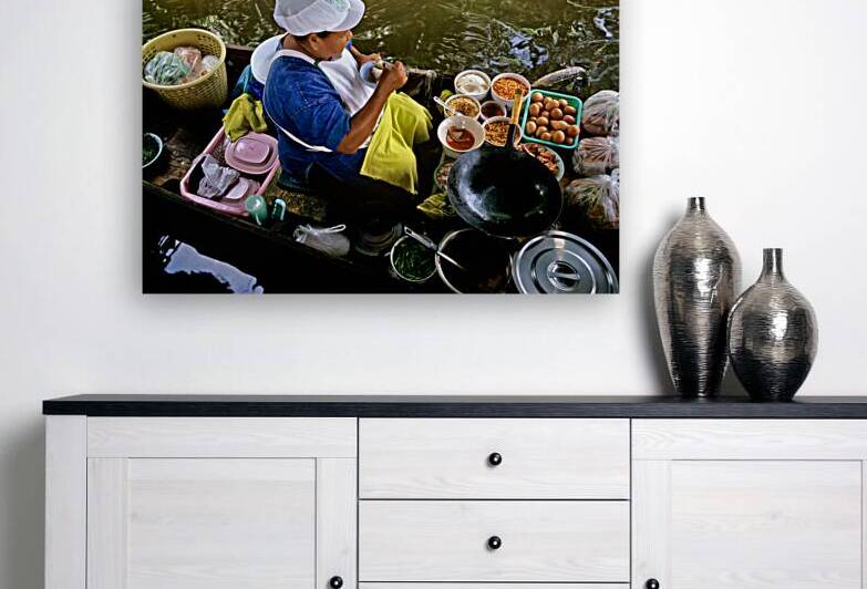 Floating market in Bangkok with vendor preparing food by Marco Brivio