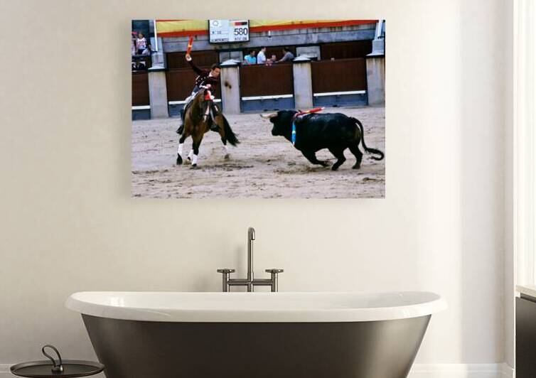 Bullfighter and bull in action during bullfight in Madrid by Marco Brivio