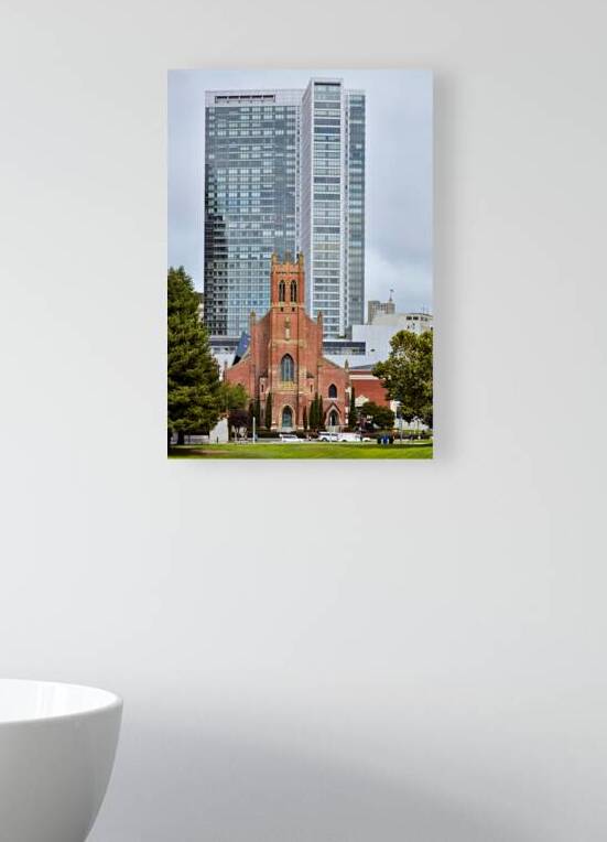 Church and modern buildings in San Francisco view by Marco Brivio