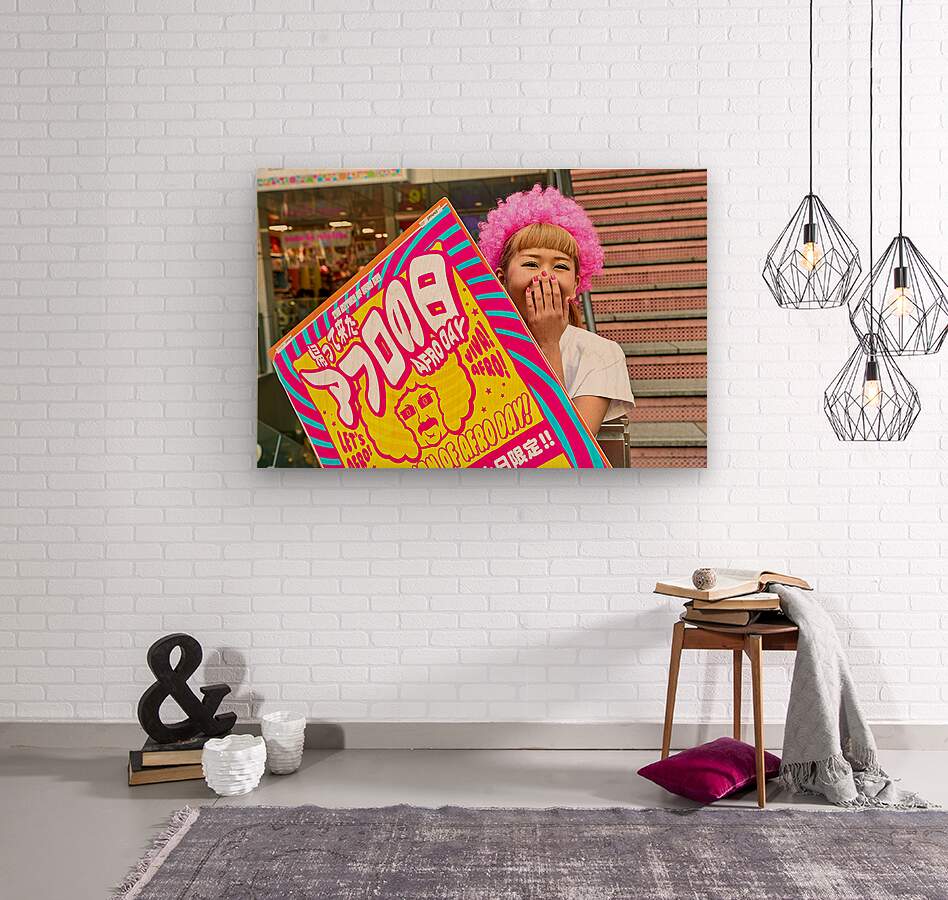 Lolita girl holds sign in Shibuya District of Tokyo during Afro   Wood print