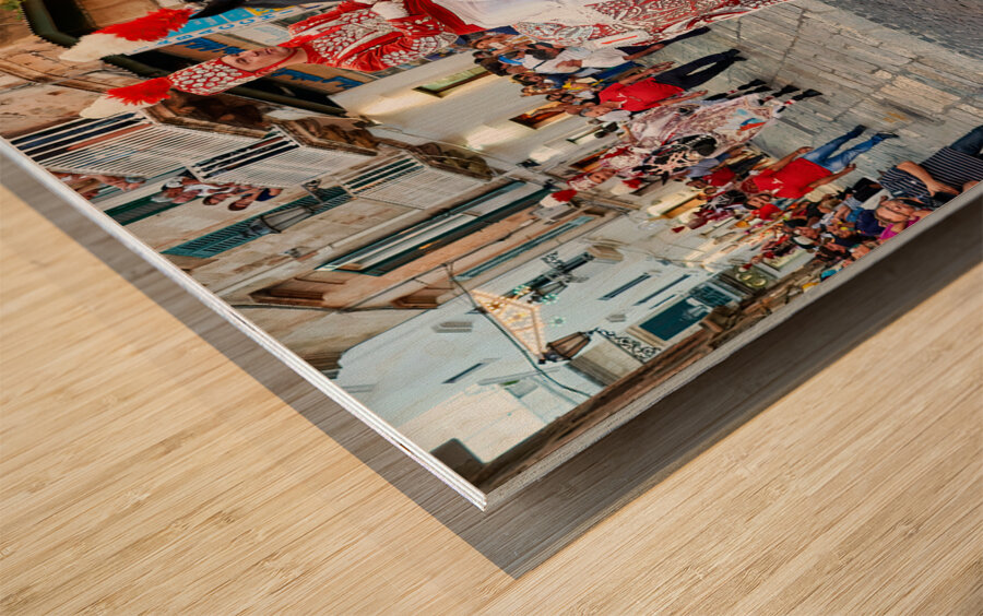 Apulia Puglia Italy. Ostuni. Festival of Saint Orontius. The cavalcata a procession of horses in the streets of the town Wood print