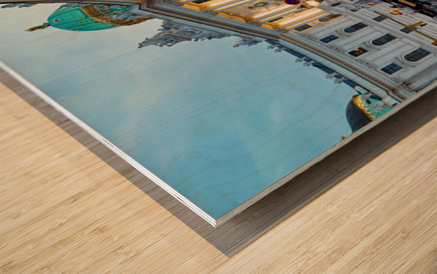 Illuminated Hofburg Palace Vienna with people and horse carria Wood print