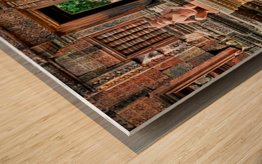 Ancient temple with intricate carvings and mythical guardian sta Wood print