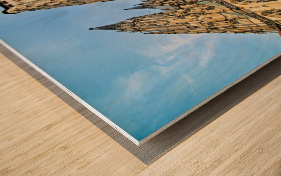 Ornate St. Vitus Cathedral facade against a blue sky. Wood print