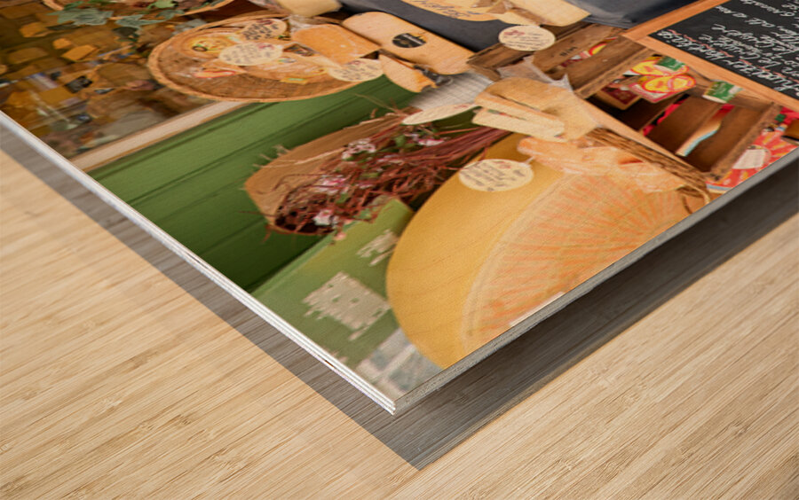 Cheese display at Viktualienmarkt in Munich Bavaria Germany Wood print