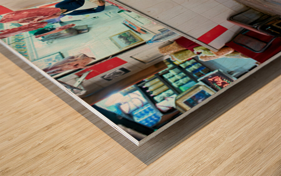 Stray cats gather near meat shop in Fez souk during daytime Wood print