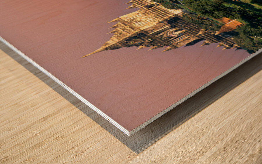 Temples in Bagan during sunset with ancient architecture visible Wood print