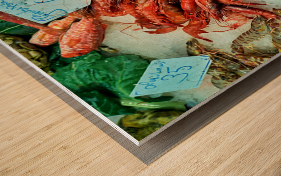 Fresh seafood display at Mercat de Sant Josep in Barcelona Wood print