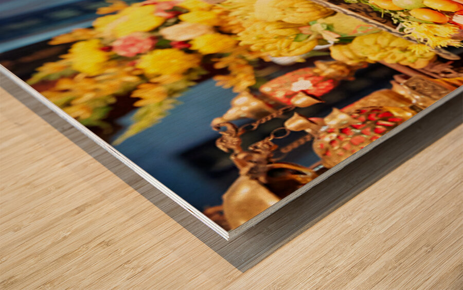 Person offers prayers at altar with fruits in Ho Chi Minh Wood print