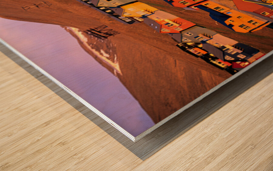 Colorful buildings in Longyearbyen Svalbard at sunset Wood print