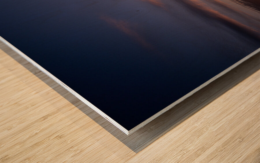 Midnight sun sets over water in Longyearbyen Norway Wood print